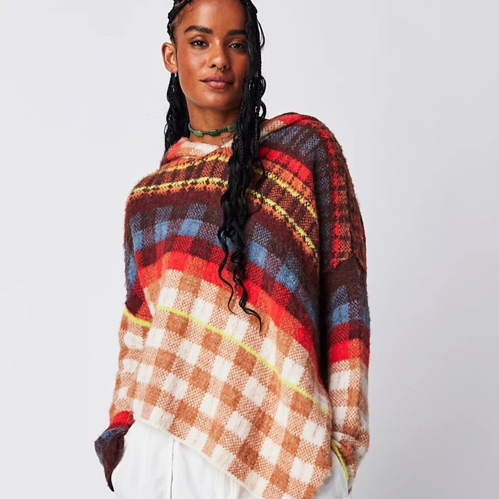 NWOT Free People Ainsley Poncho Mixed Plaid Hooded Sweater S